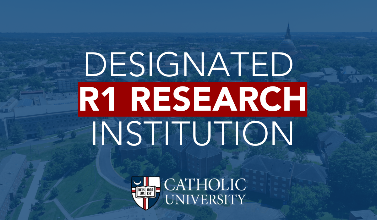 A blue background of CUA campus with the words Designated R1 Research Institution in red.